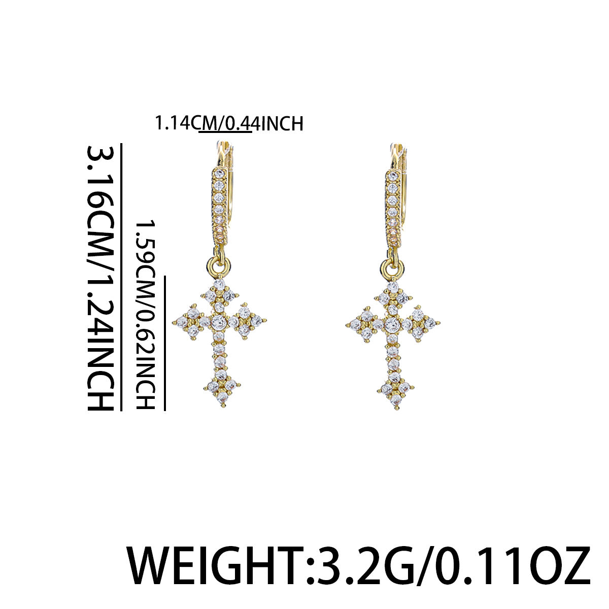 Gold cross earrings with diamond accents and measurements on a white background