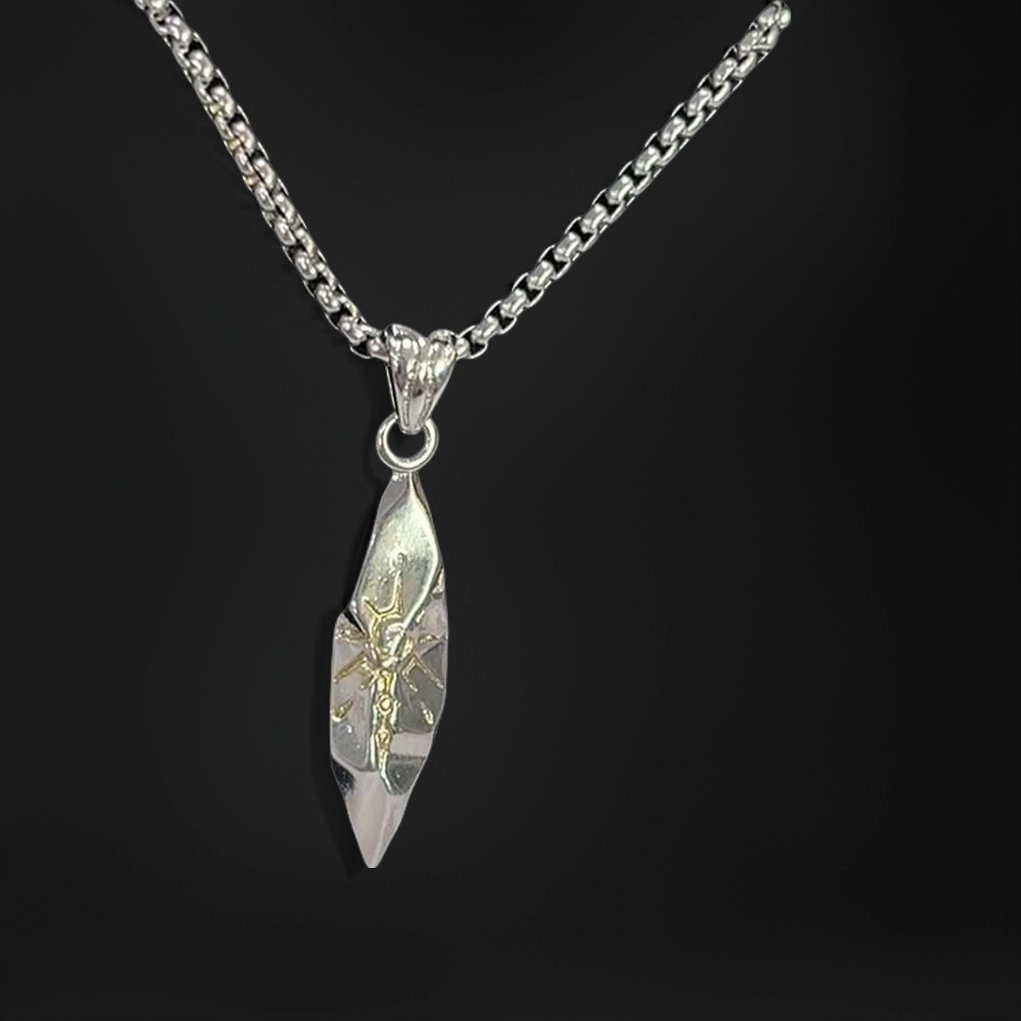 Silver pendant necklace on a black background