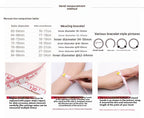 Bracelet size measurement guide with hand measurements and style illustrations.