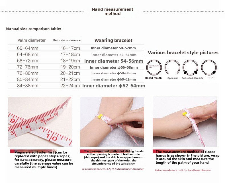 Bracelet size measurement guide with hand measurements and style illustrations.